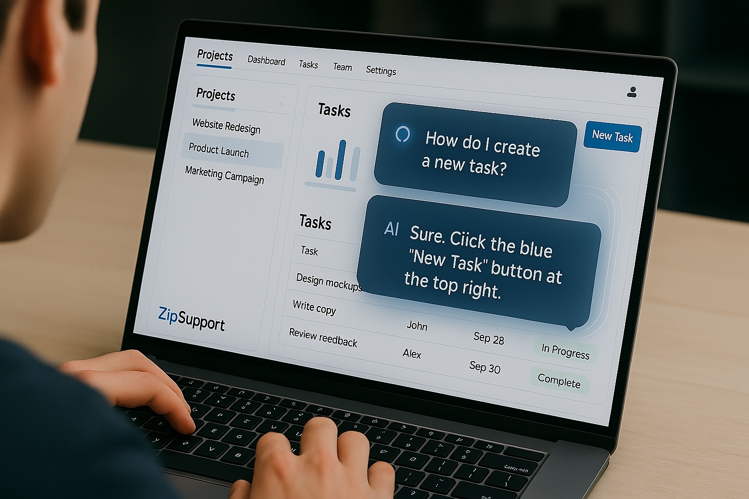 Zip Support interface showing AI assistance on a user's screen